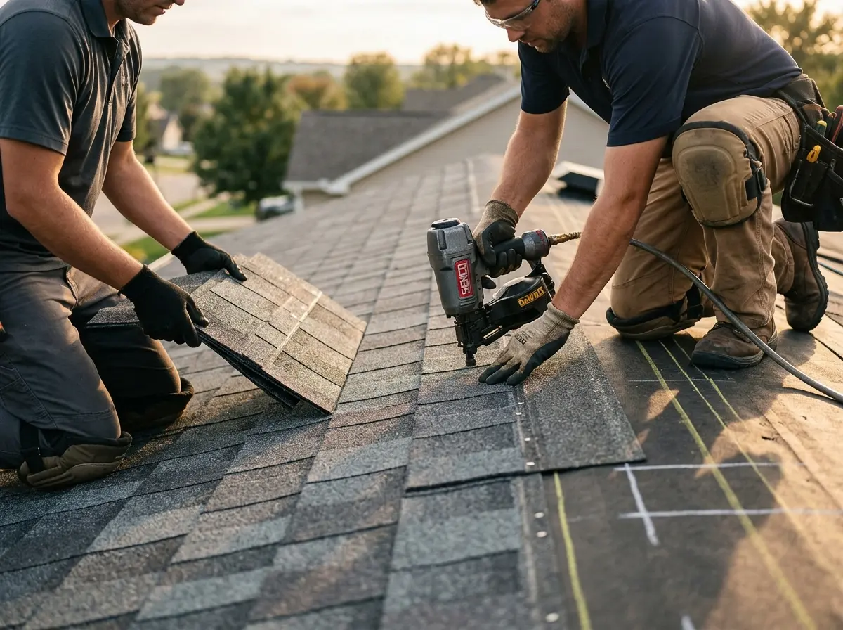 Professional roofer working on a residential roof in Midwest City